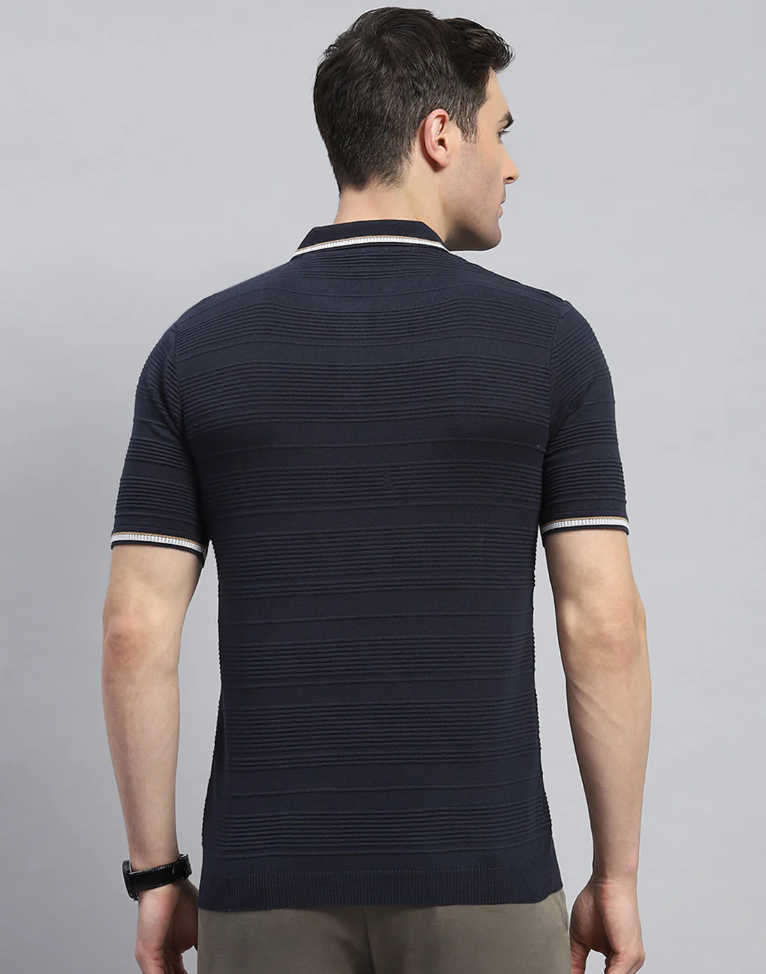 Men Navy Blue Solid Polo Collar Half Sleeve T-Shirt - Image 6
