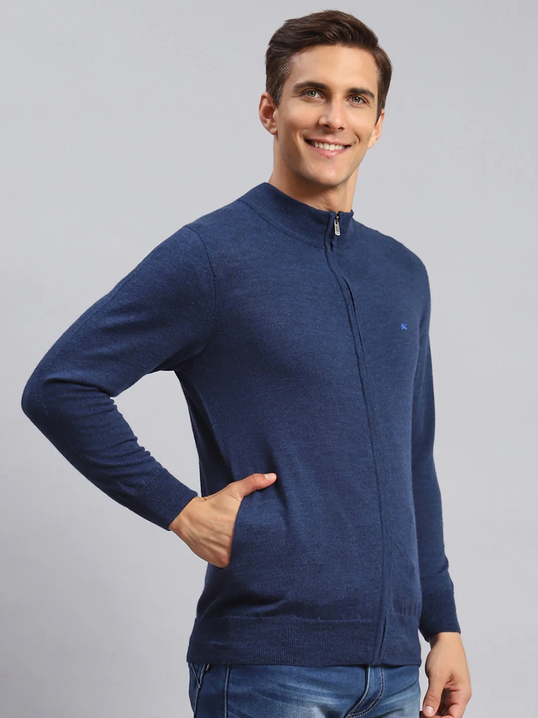 Men Navy Blue Solid Pure wool Pullover - Image 3