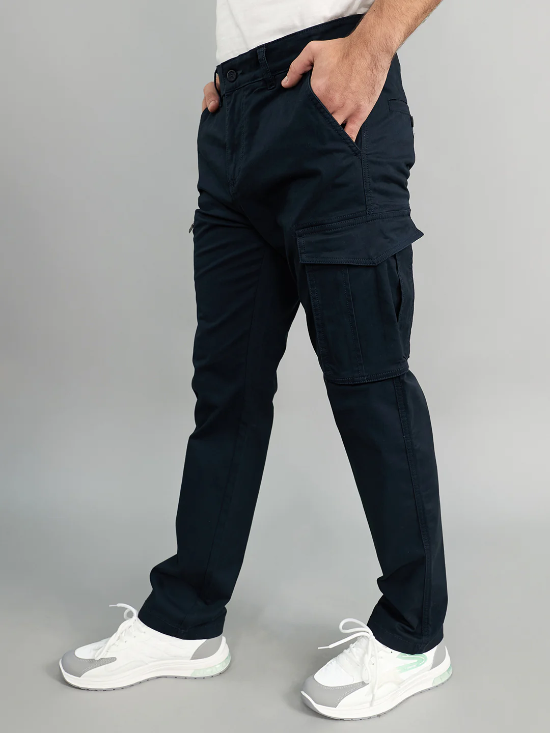 Men Navy Blue Solid Regular Fit Cargo - Image 3