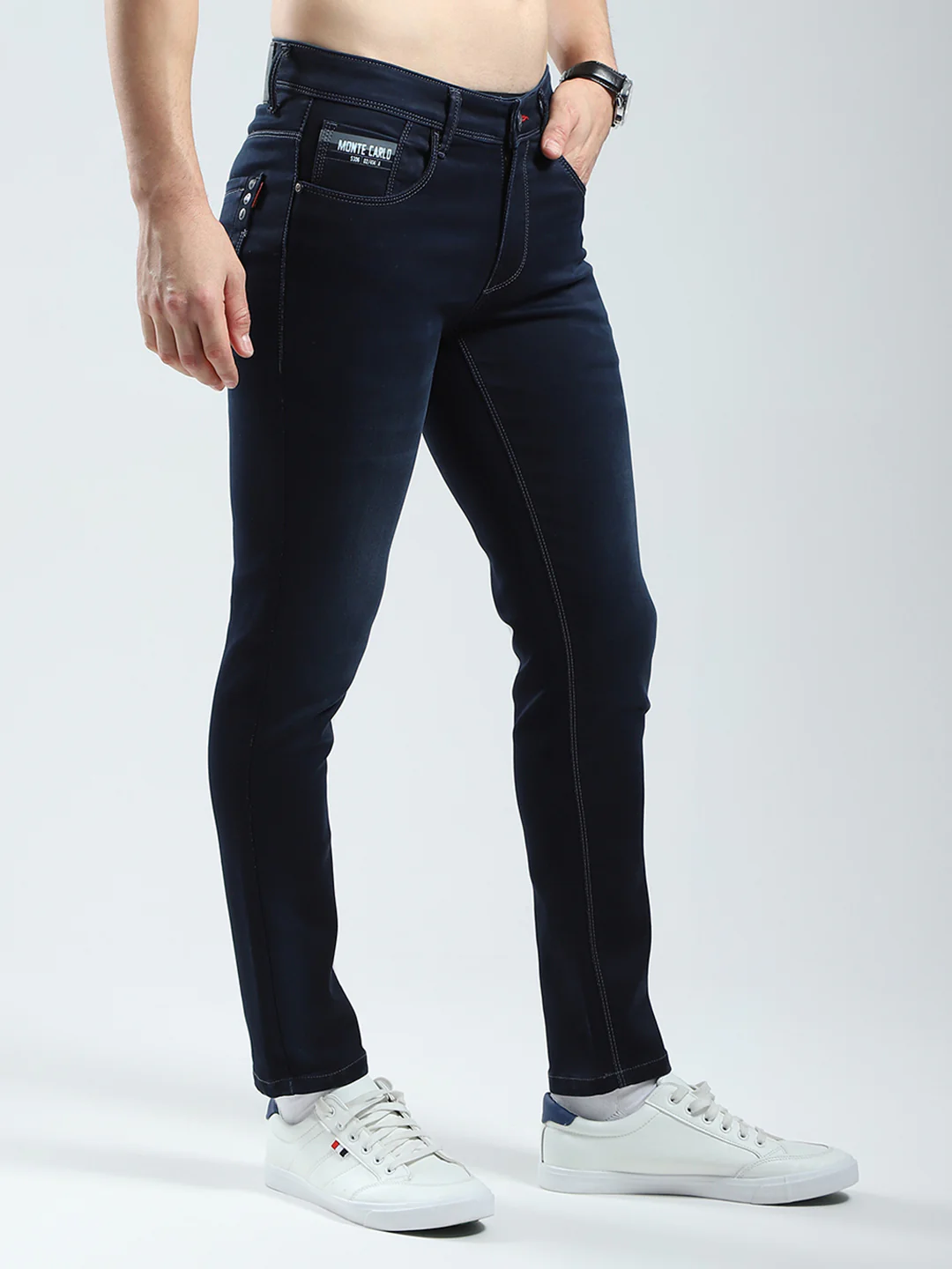 Men Navy Blue Solid Ankle Length Denim - Image 4