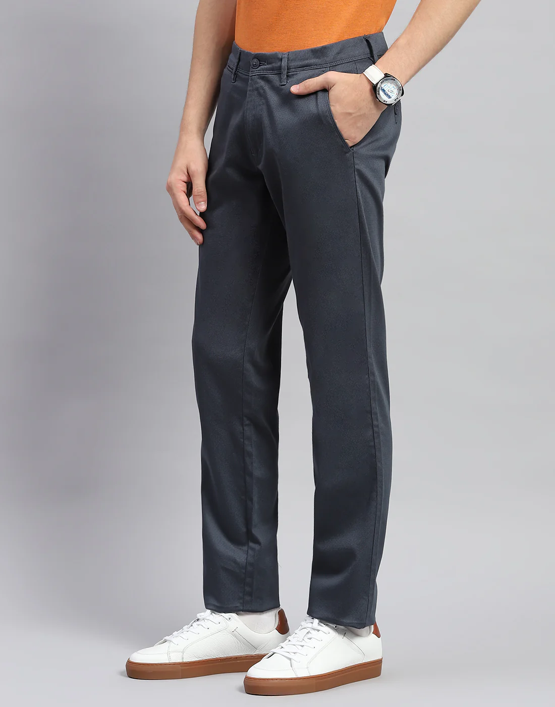 Men Navy Blue Solid Regular Fit Trouser - Image 3