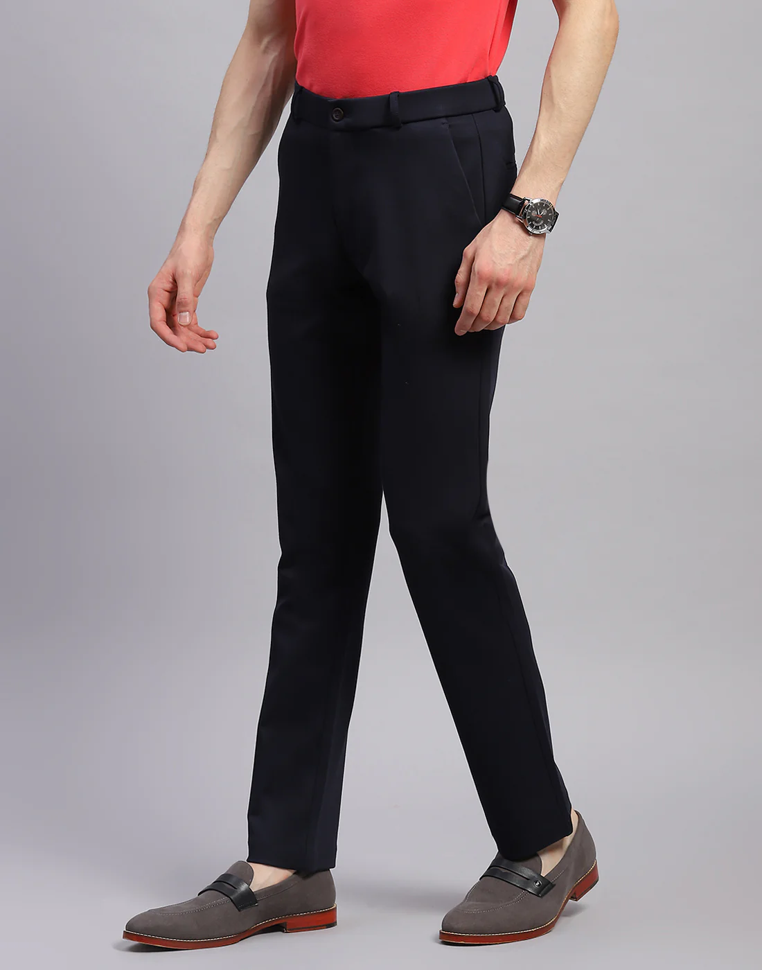 Men Navy Blue Solid Regular Fit Trouser - Image 3