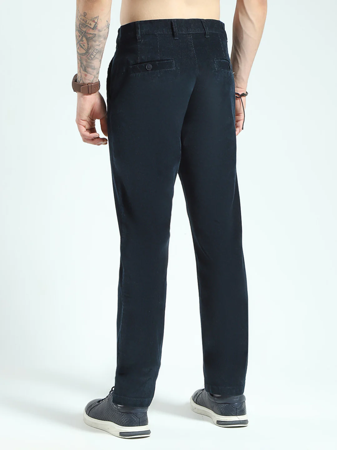 Men Navy Blue Solid Regular Fit Trouser - Image 5