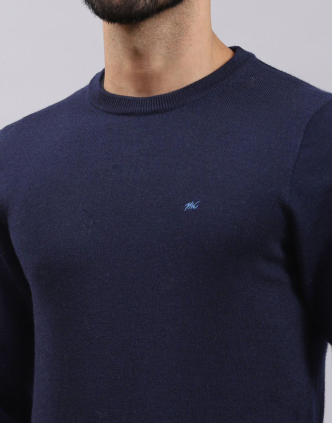 Men Navy Blue Solid Round Neck Full Sleeve Pullover - Image 6