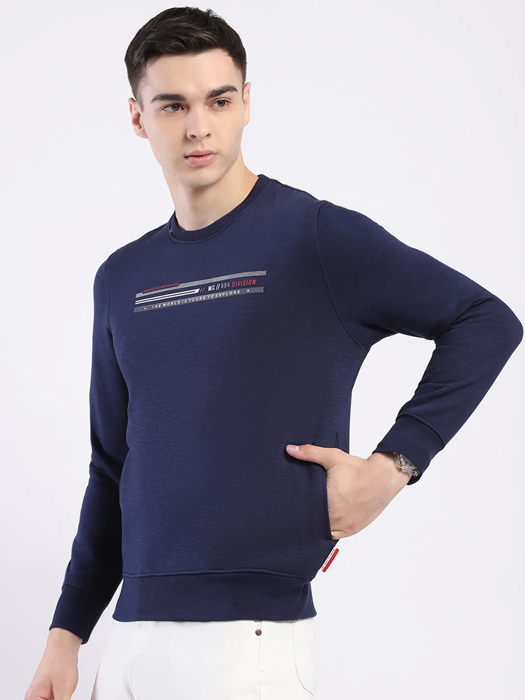 Men Navy Blue Solid Round Neck Full Sleeve Sweatshirt - Image 3