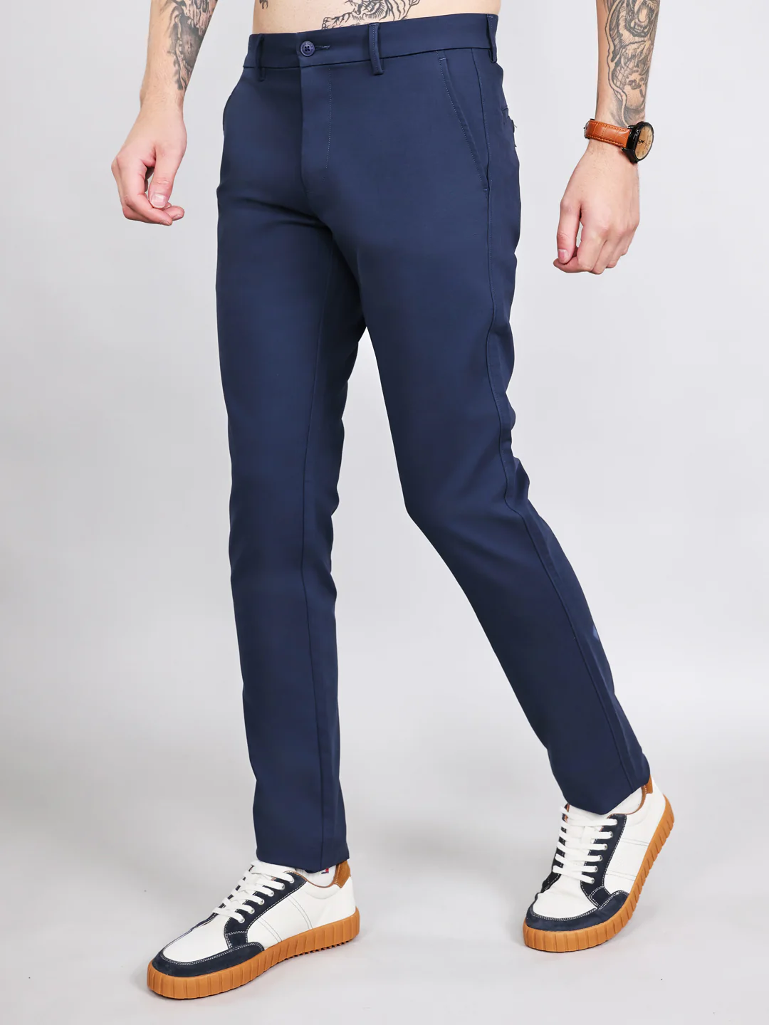 Men Navy Blue Solid Slim Fit Trouser - Image 3