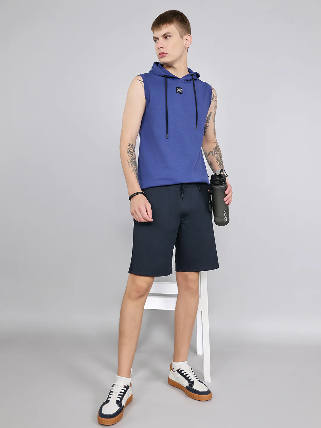 Men Navy Blue Solid Smart Fit Bermuda - Image 6