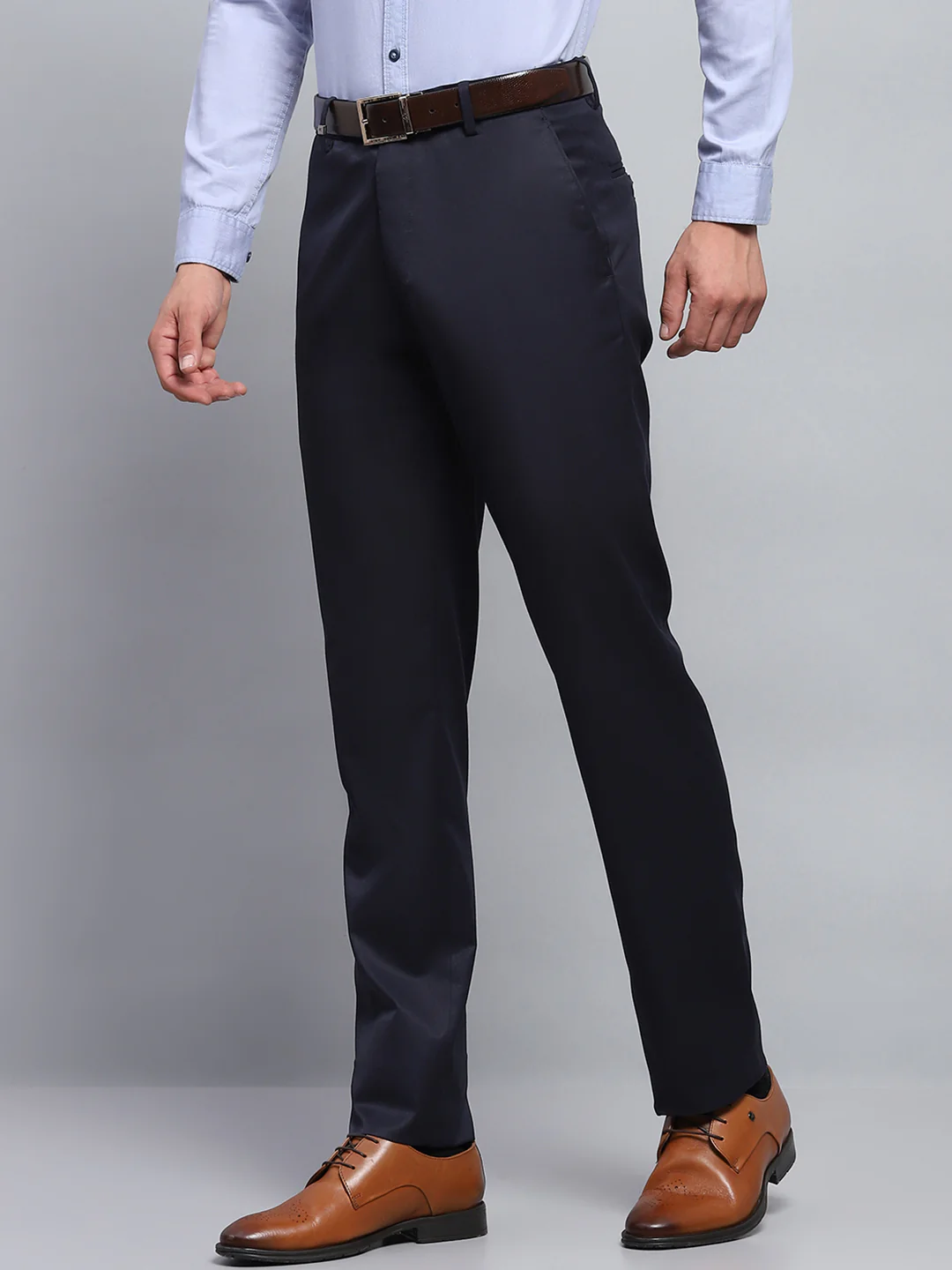 Men Navy Blue Solid Smart Fit Trouser - Image 3