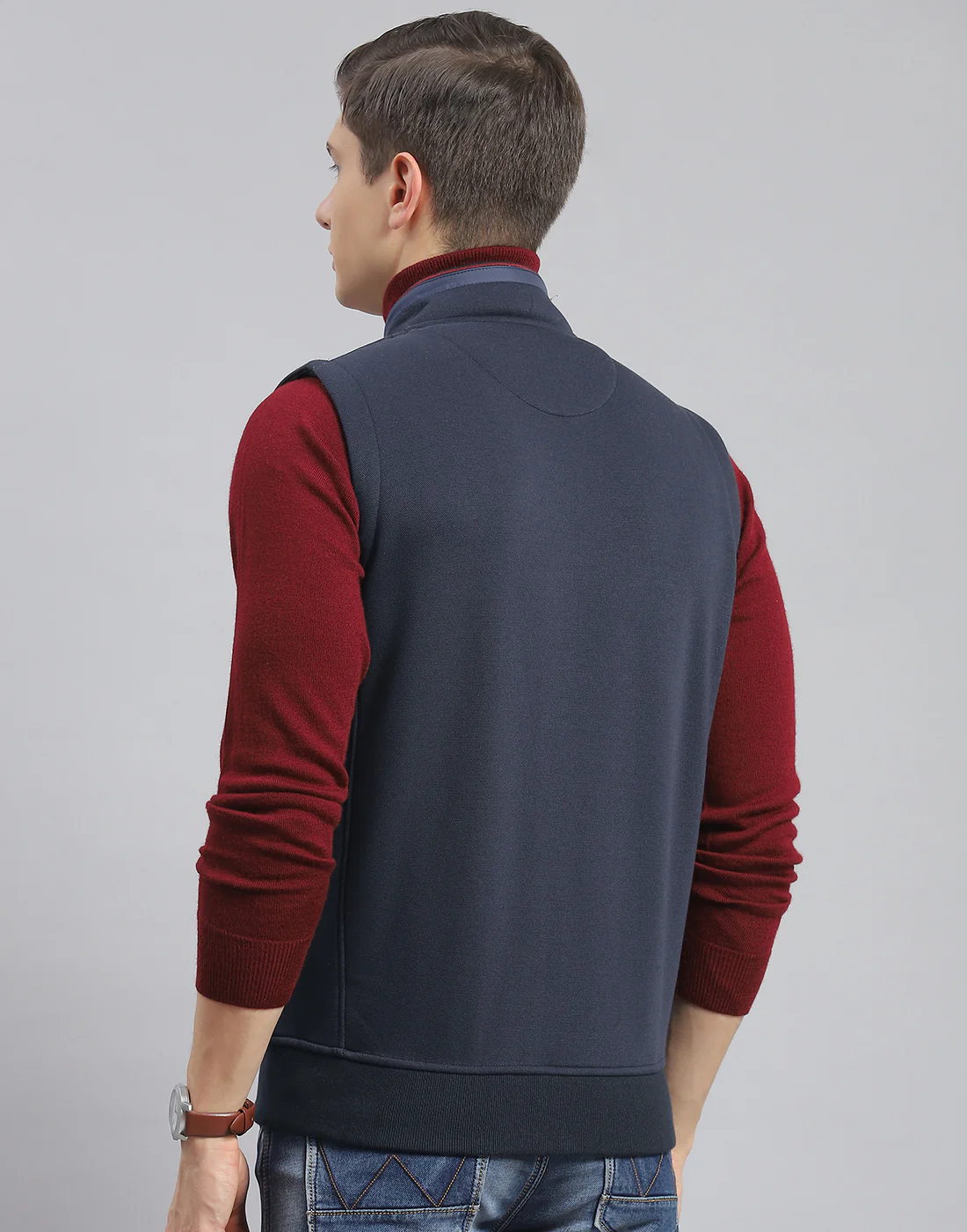 Men Navy Blue Solid Stand Collar Sleeveless Jacket - Image 5