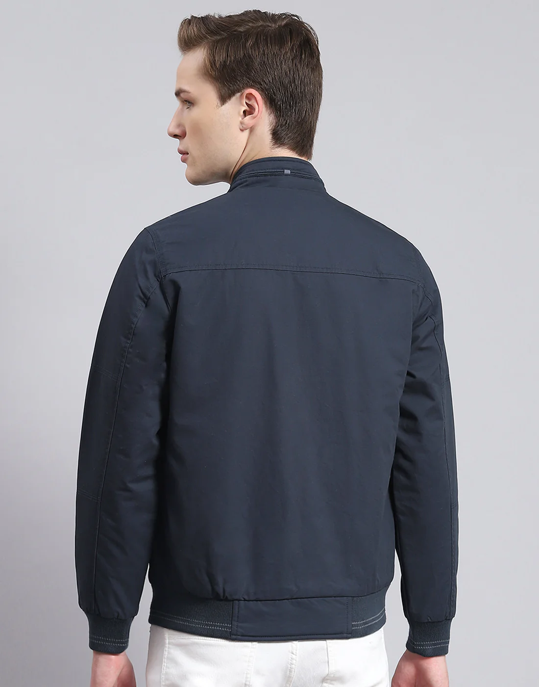 Men Navy Blue Solid Stand Collar Full Sleeve Jacket - Image 5