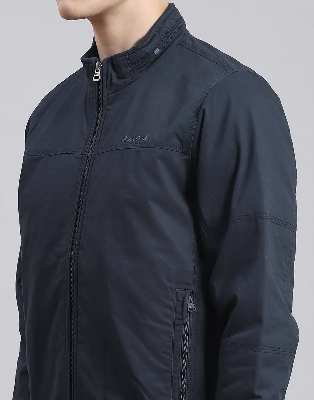 Men Navy Blue Solid Stand Collar Full Sleeve Jacket - Image 6