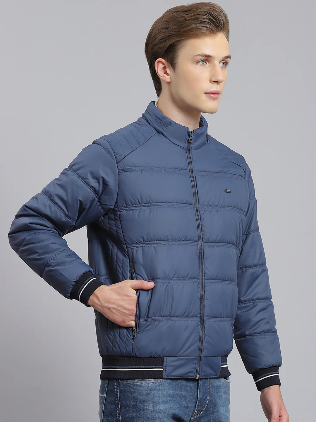 Men Navy Blue Solid Stand Collar Full Sleeve Jacket - Image 5