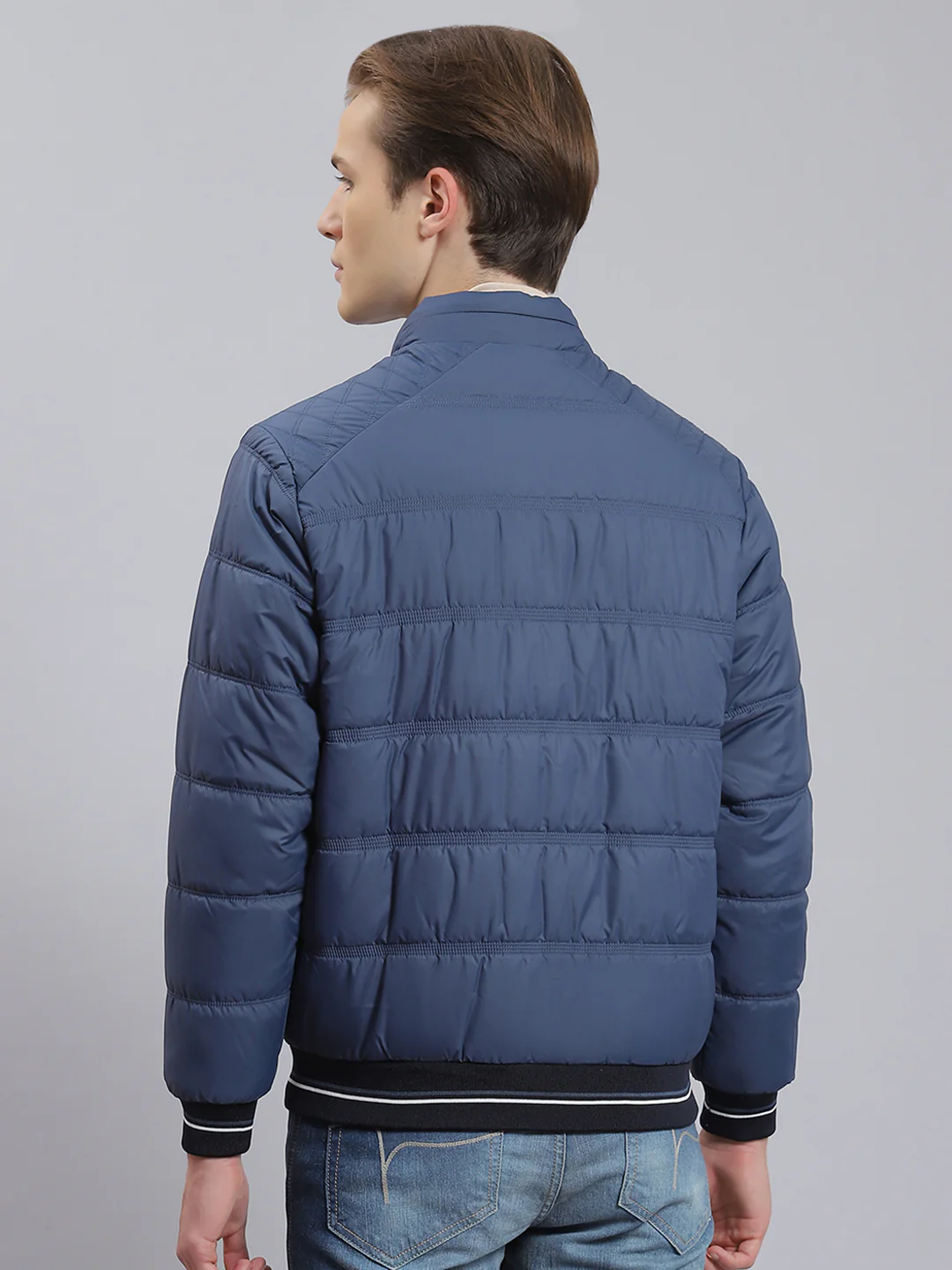 Men Navy Blue Solid Stand Collar Full Sleeve Jacket - Image 6