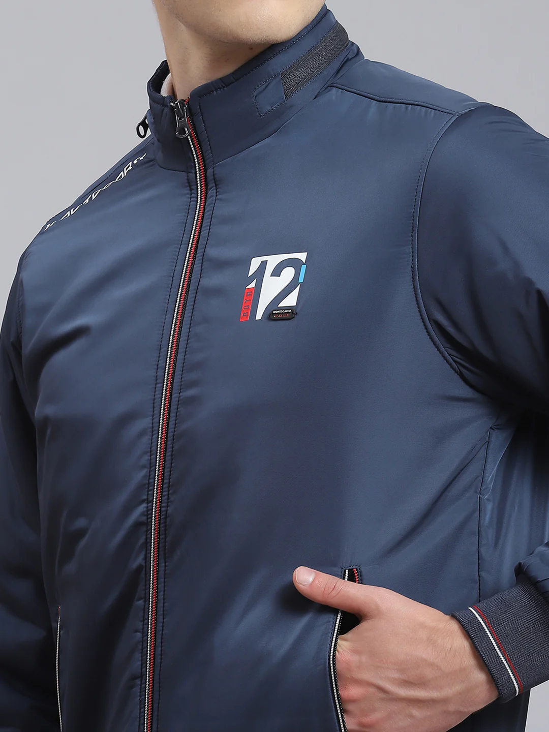 Men Navy Blue Solid Stand Collar Full Sleeve Jacket - Image 6