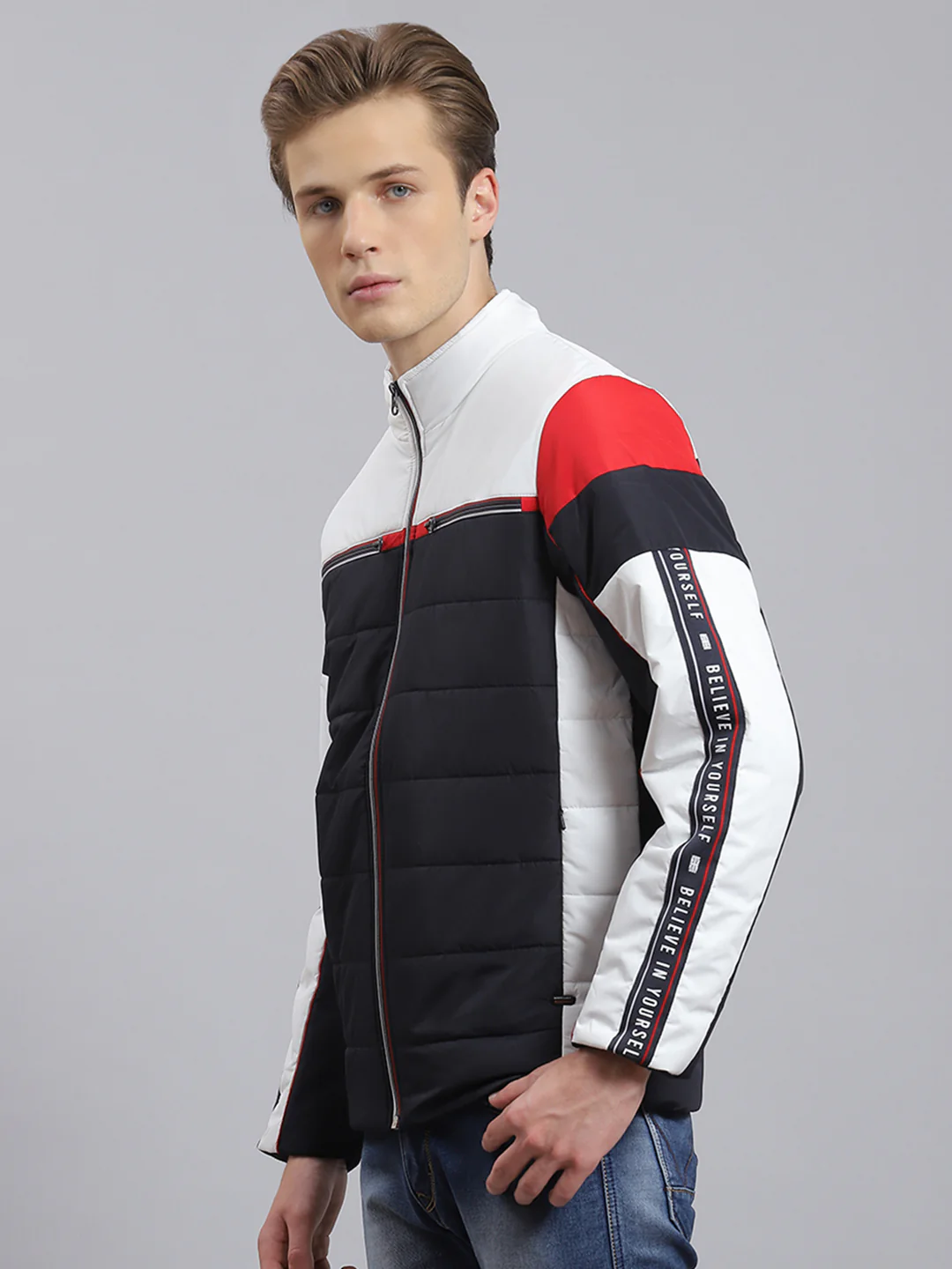 Men Navy Blue Solid Stand Collar Full Sleeve Jacket - Image 3