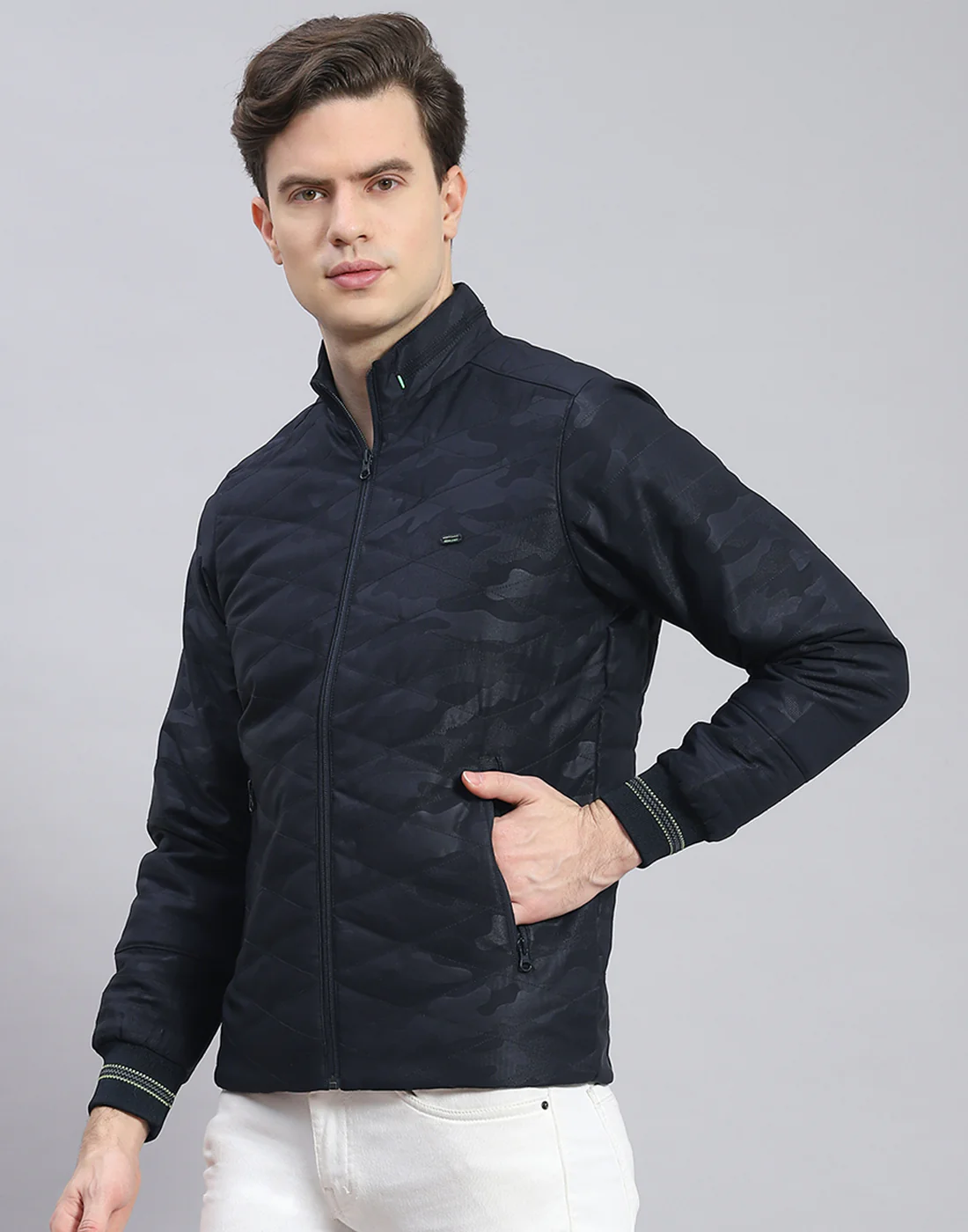 Men Navy Blue Solid Stand Collar Full Sleeve Jacket - Image 3