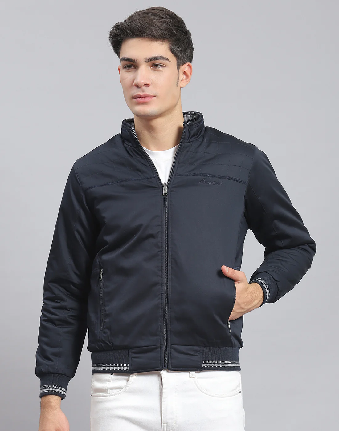 Men Navy Blue Solid Stand Collar Full Sleeve Jacket - Image 2