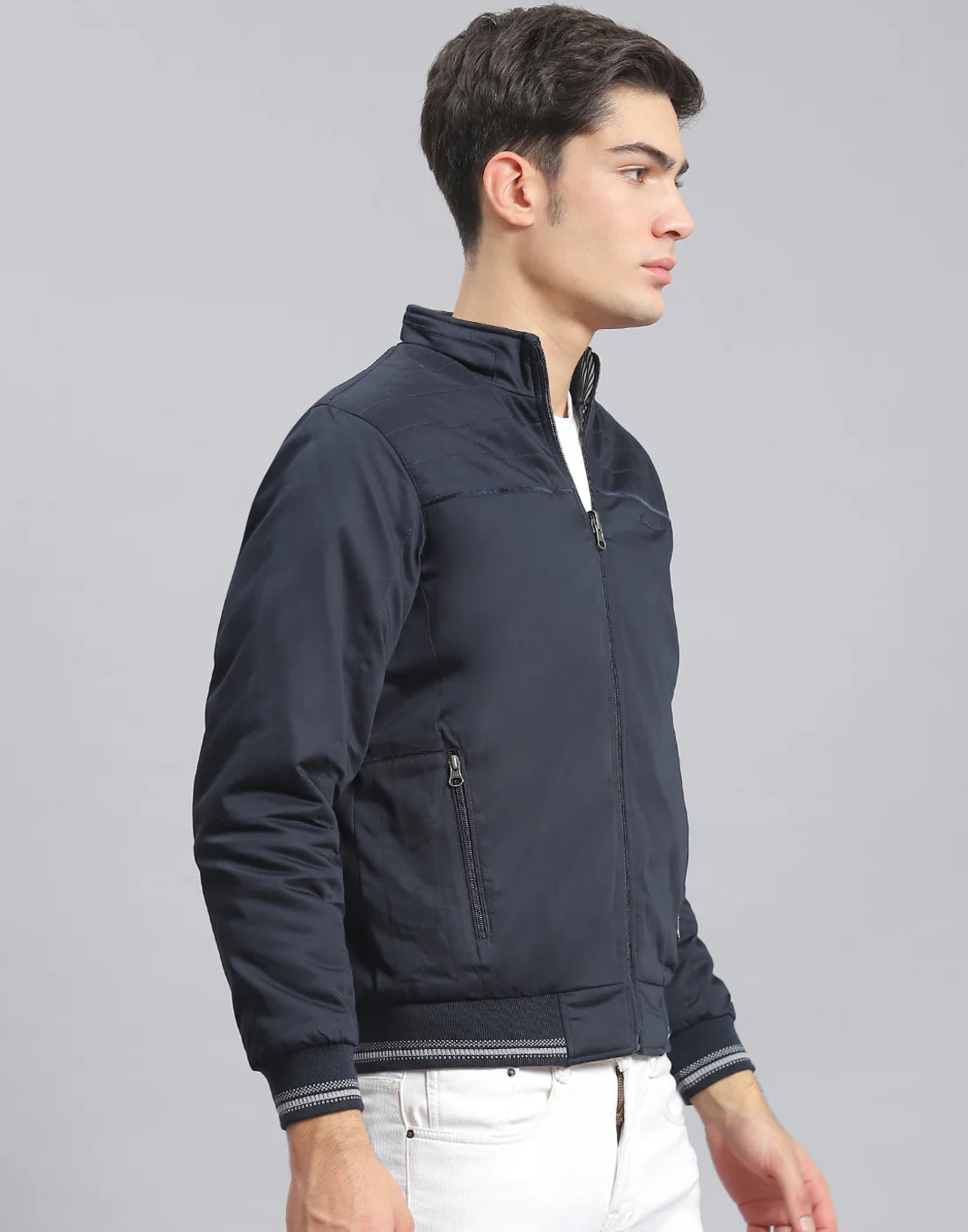 Men Navy Blue Solid Stand Collar Full Sleeve Jacket - Image 4