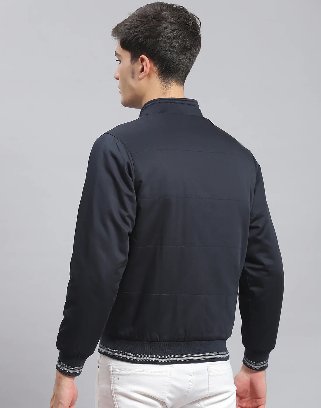 Men Navy Blue Solid Stand Collar Full Sleeve Jacket - Image 5