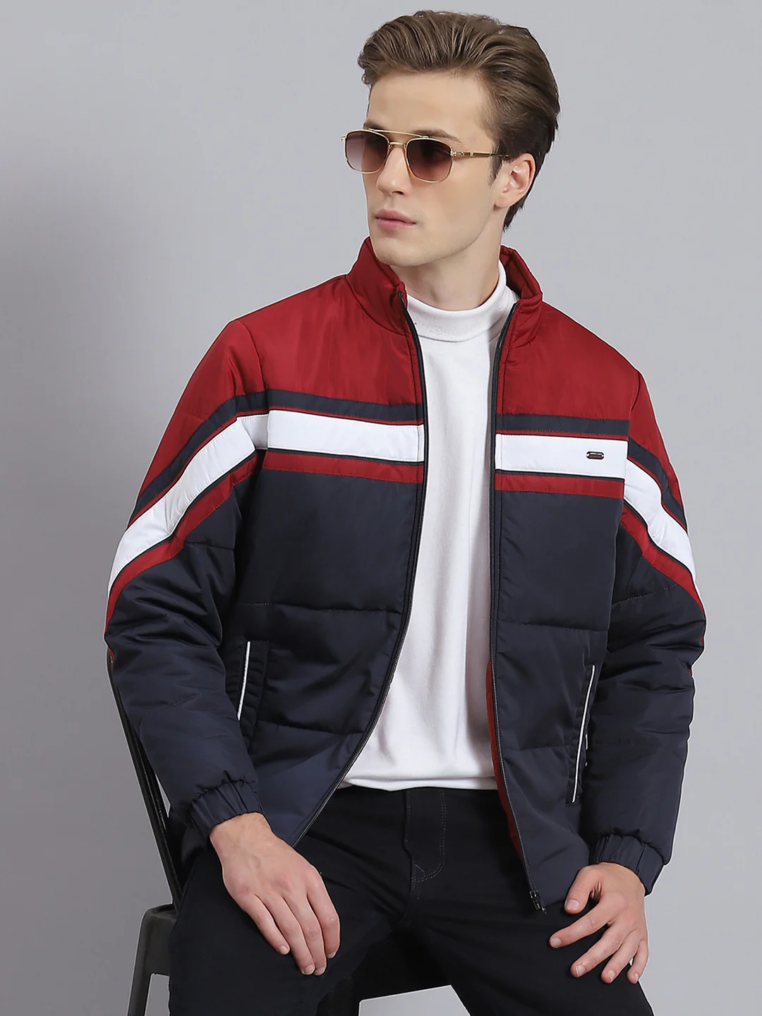 Men Navy Blue Solid Stand Collar Full Sleeve Jacket - Image 5