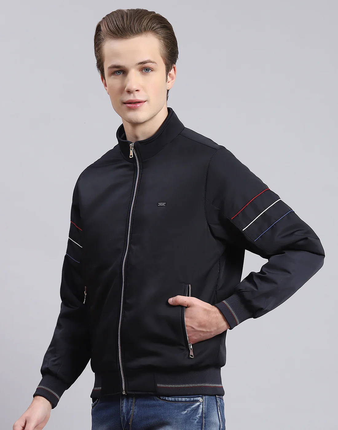 Men Navy Blue Solid Stand Collar Full Sleeve Jacket - Image 3