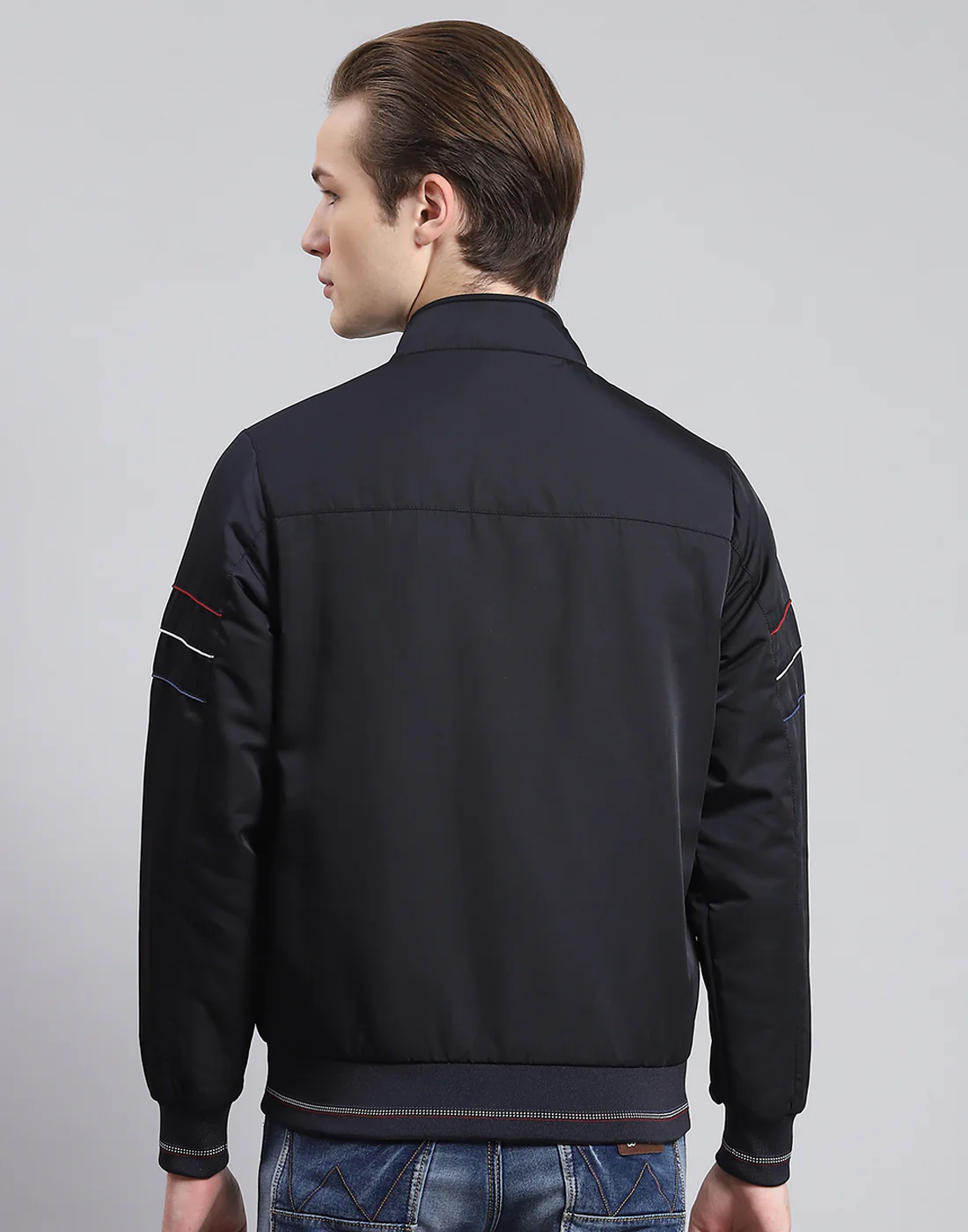 Men Navy Blue Solid Stand Collar Full Sleeve Jacket - Image 5