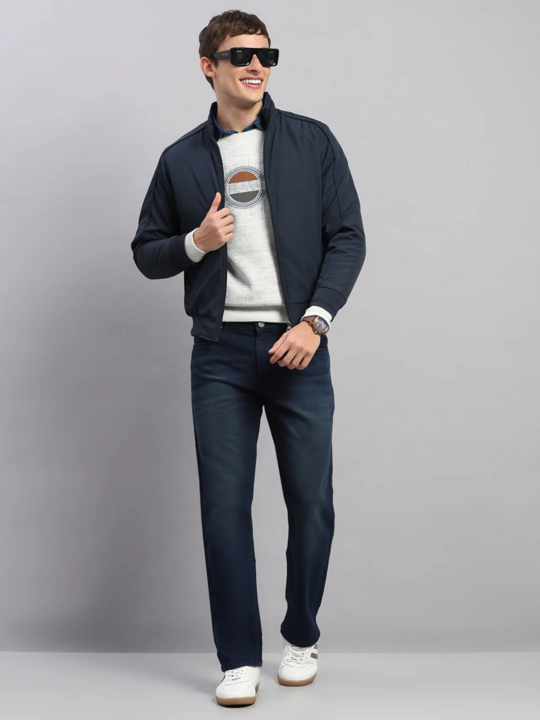 Men Navy Blue Solid Stand Collar Full Sleeve Jacket - Image 2