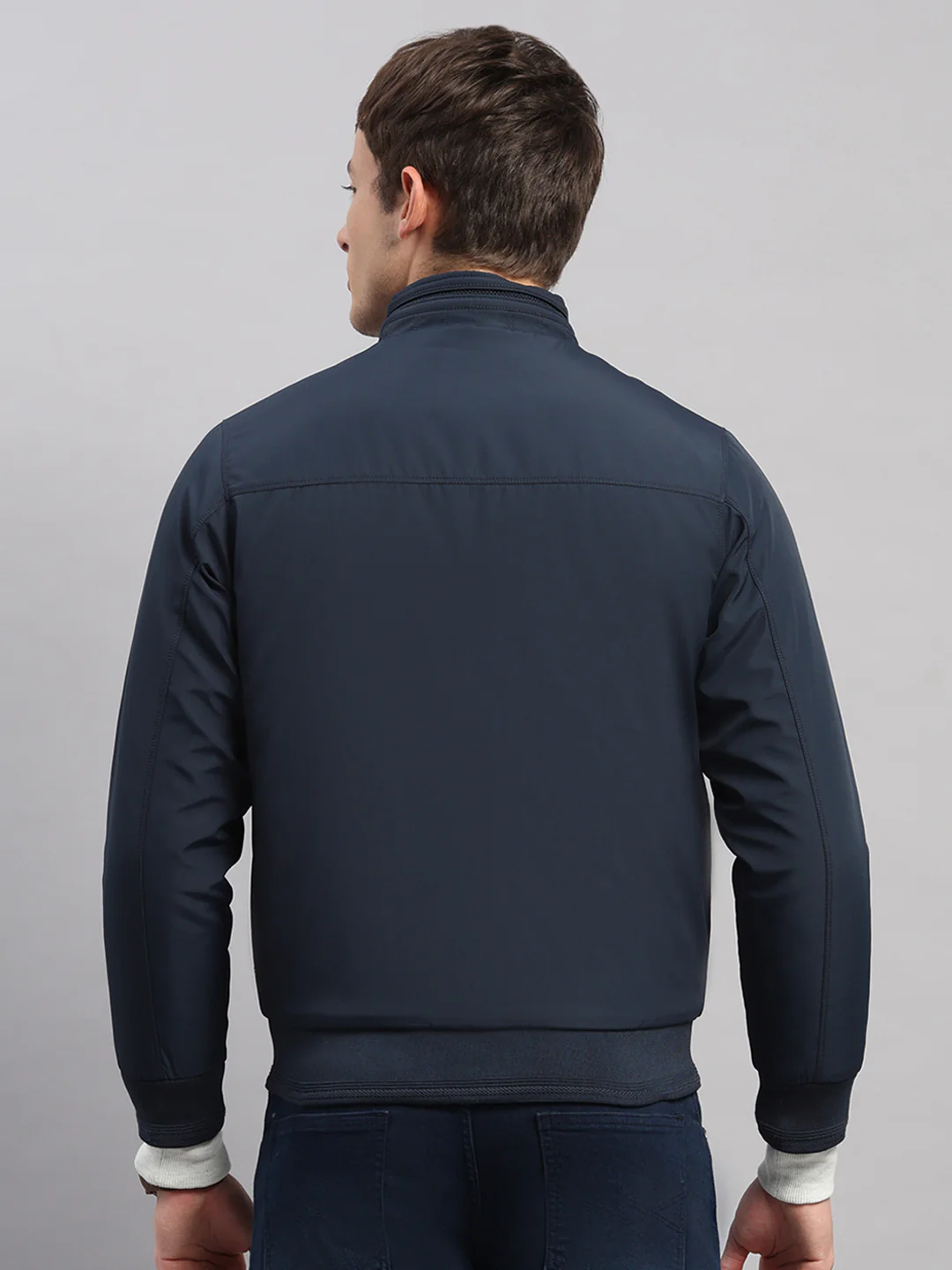 Men Navy Blue Solid Stand Collar Full Sleeve Jacket - Image 5