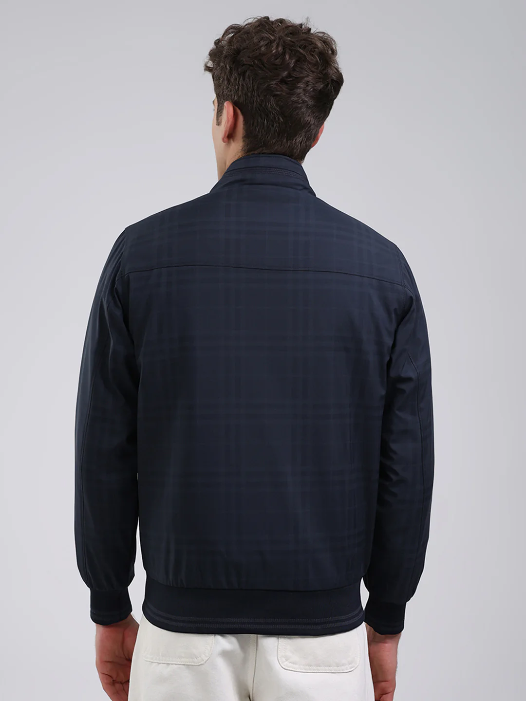 Men Navy Blue Solid Stand Collar Full Sleeve Jacket - Image 5