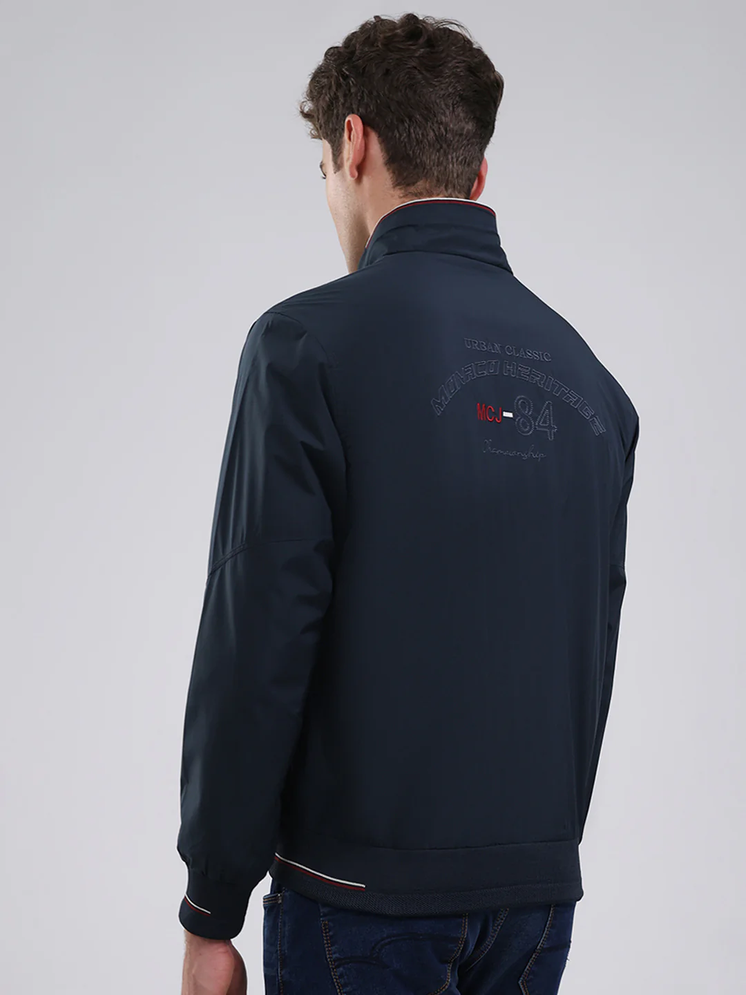 Men Navy Blue Solid Stand Collar Full Sleeve Jacket - Image 5