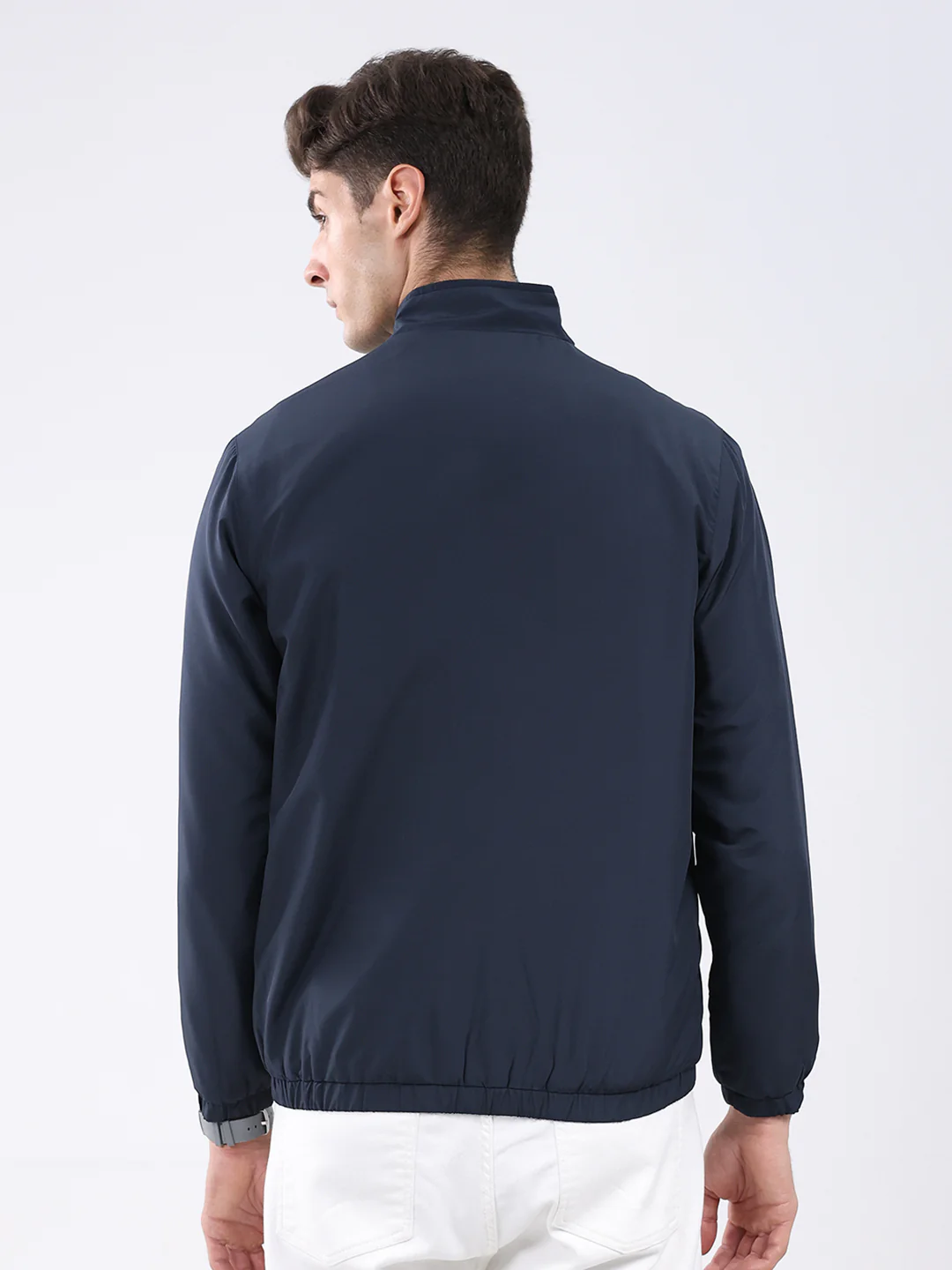 Men Navy Blue Solid Stand Collar Full Sleeve Jacket - Image 5