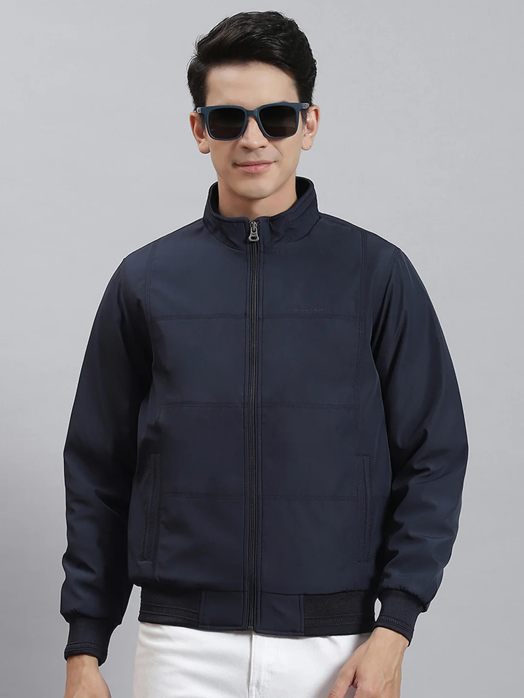 Men Navy Blue Solid Stand Collar Full Sleeve Jackets - Image 2