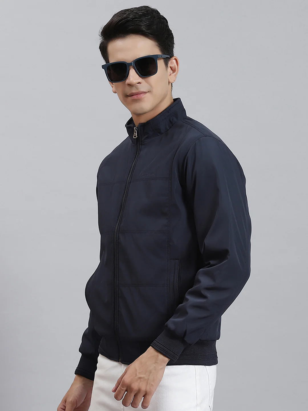 Men Navy Blue Solid Stand Collar Full Sleeve Jackets - Image 3