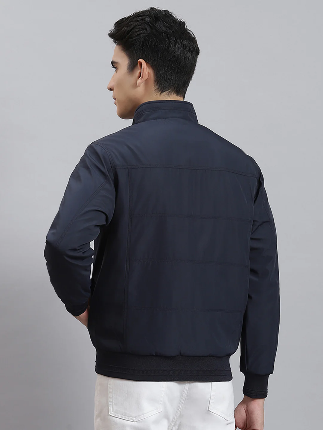 Men Navy Blue Solid Stand Collar Full Sleeve Jackets - Image 5