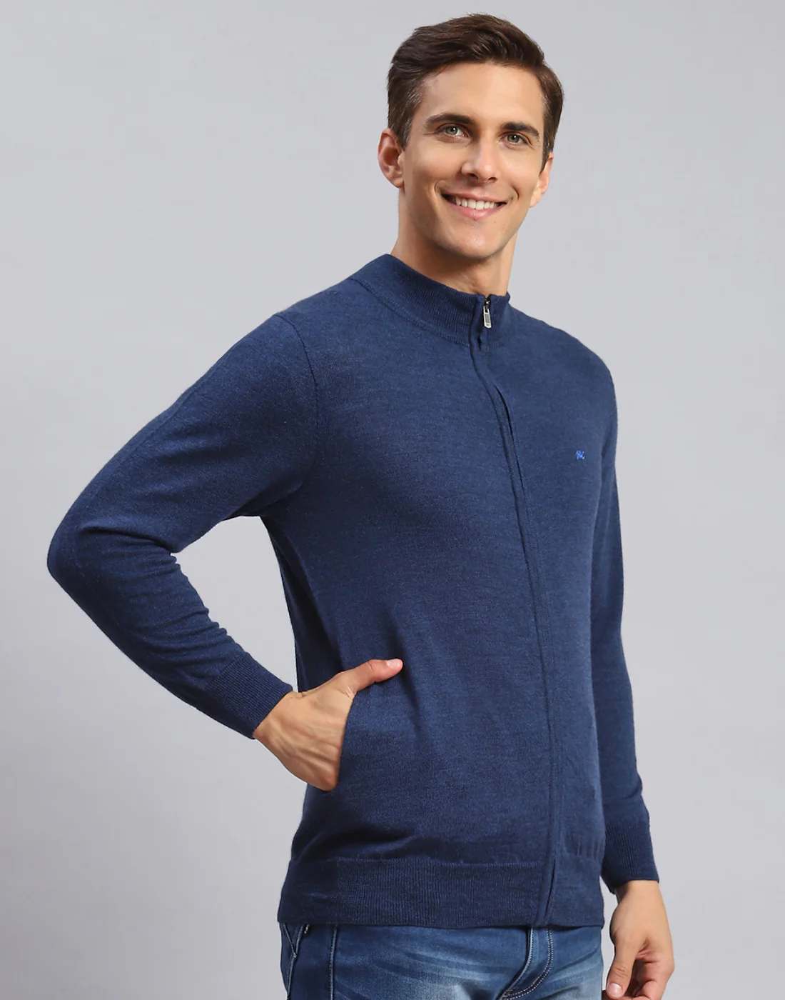 Men Navy Blue Solid Stand Collar Full Sleeve Pullover - Image 4