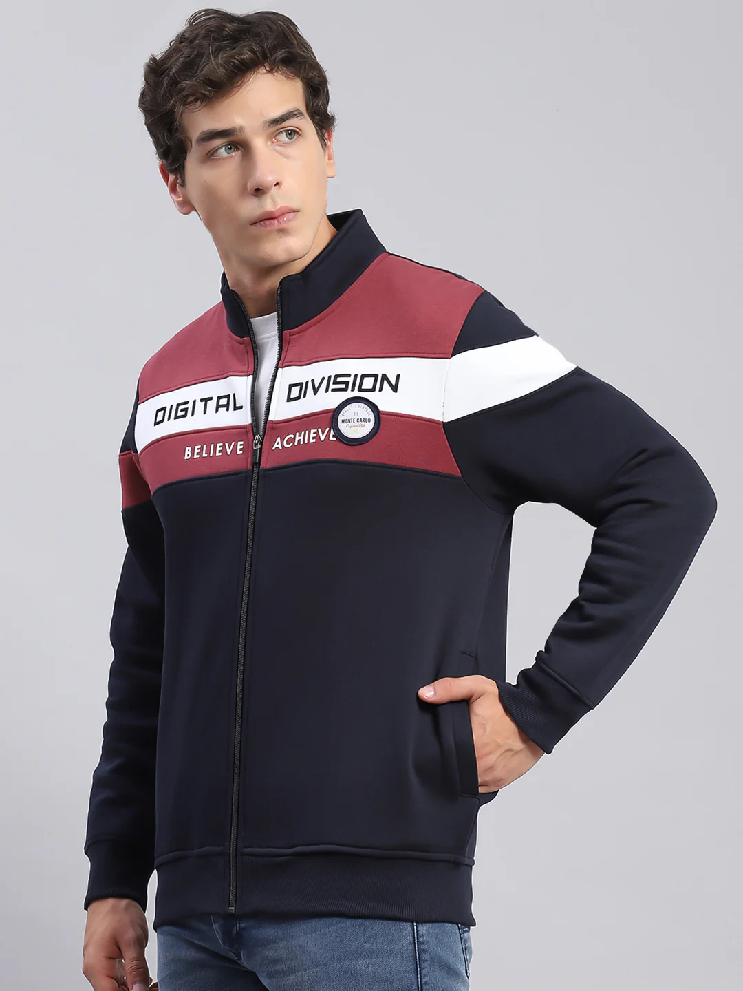 Men Navy Blue Solid Stand Collar Full Sleeve Sweatshirts - Image 3