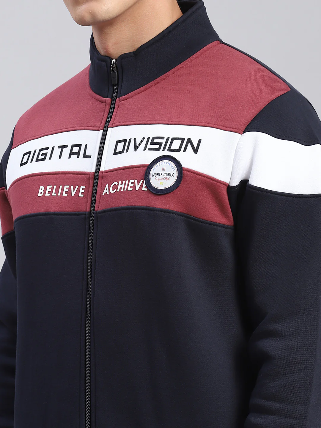 Men Navy Blue Solid Stand Collar Full Sleeve Sweatshirts - Image 6