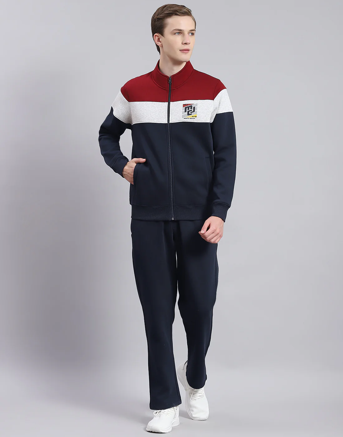 Men Navy Blue Solid Stand Collar Full Sleeve Tracksuit - Image 2