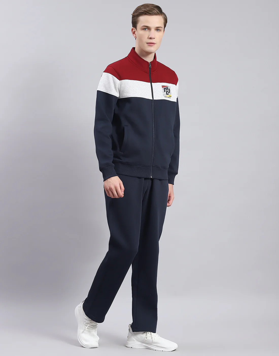 Men Navy Blue Solid Stand Collar Full Sleeve Tracksuit - Image 4