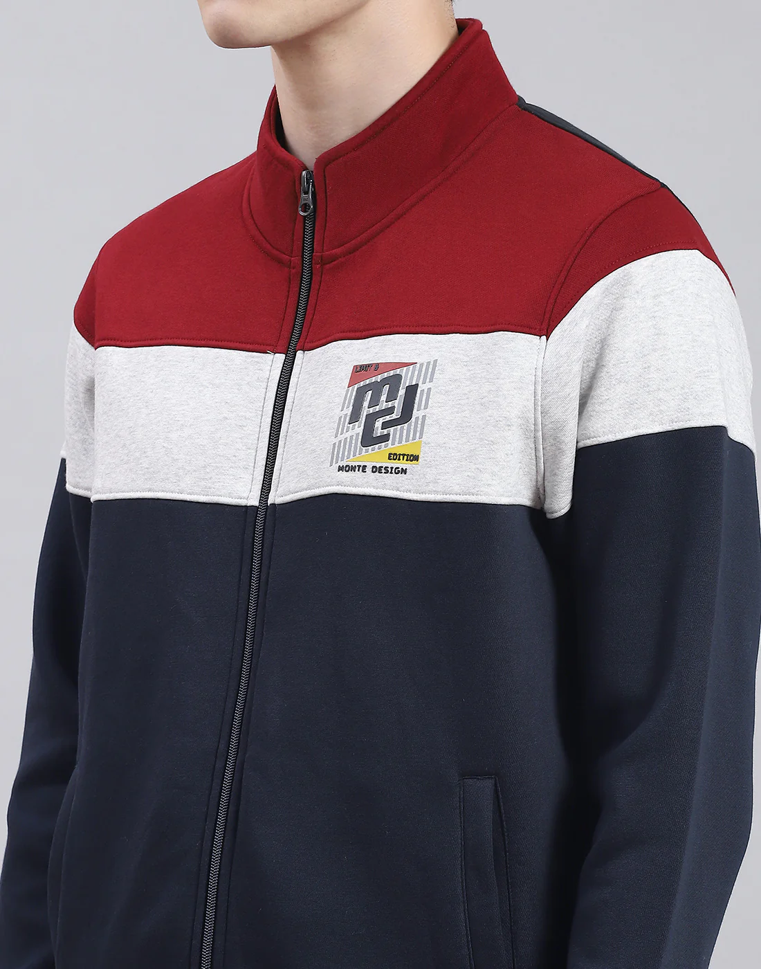 Men Navy Blue Solid Stand Collar Full Sleeve Tracksuit - Image 6