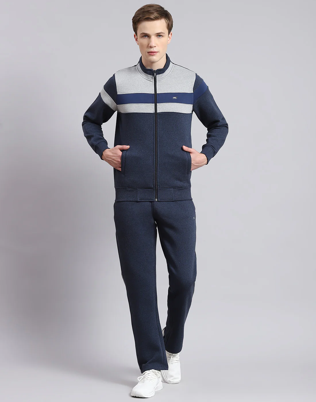 Men Navy Blue Solid Stand Collar Full Sleeve Tracksuit - Image 2