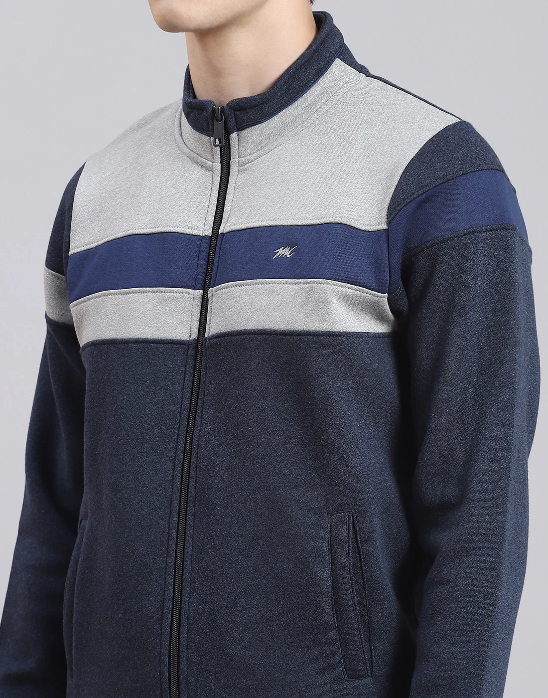 Men Navy Blue Solid Stand Collar Full Sleeve Tracksuit - Image 7