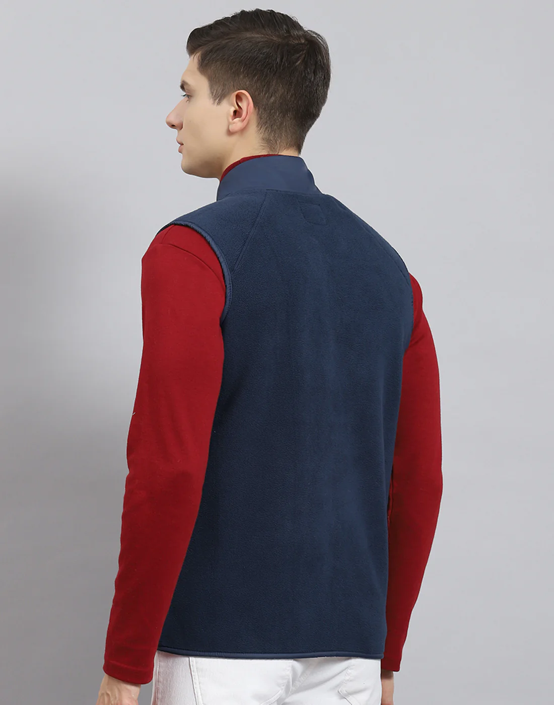 Men Navy Blue Solid Stand Collar Sleeveless Jacket - Image 2