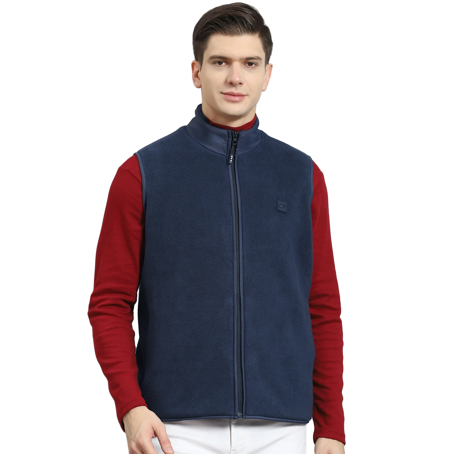 Men Navy Blue Solid Stand Collar Sleeveless Jacket - Image 6
