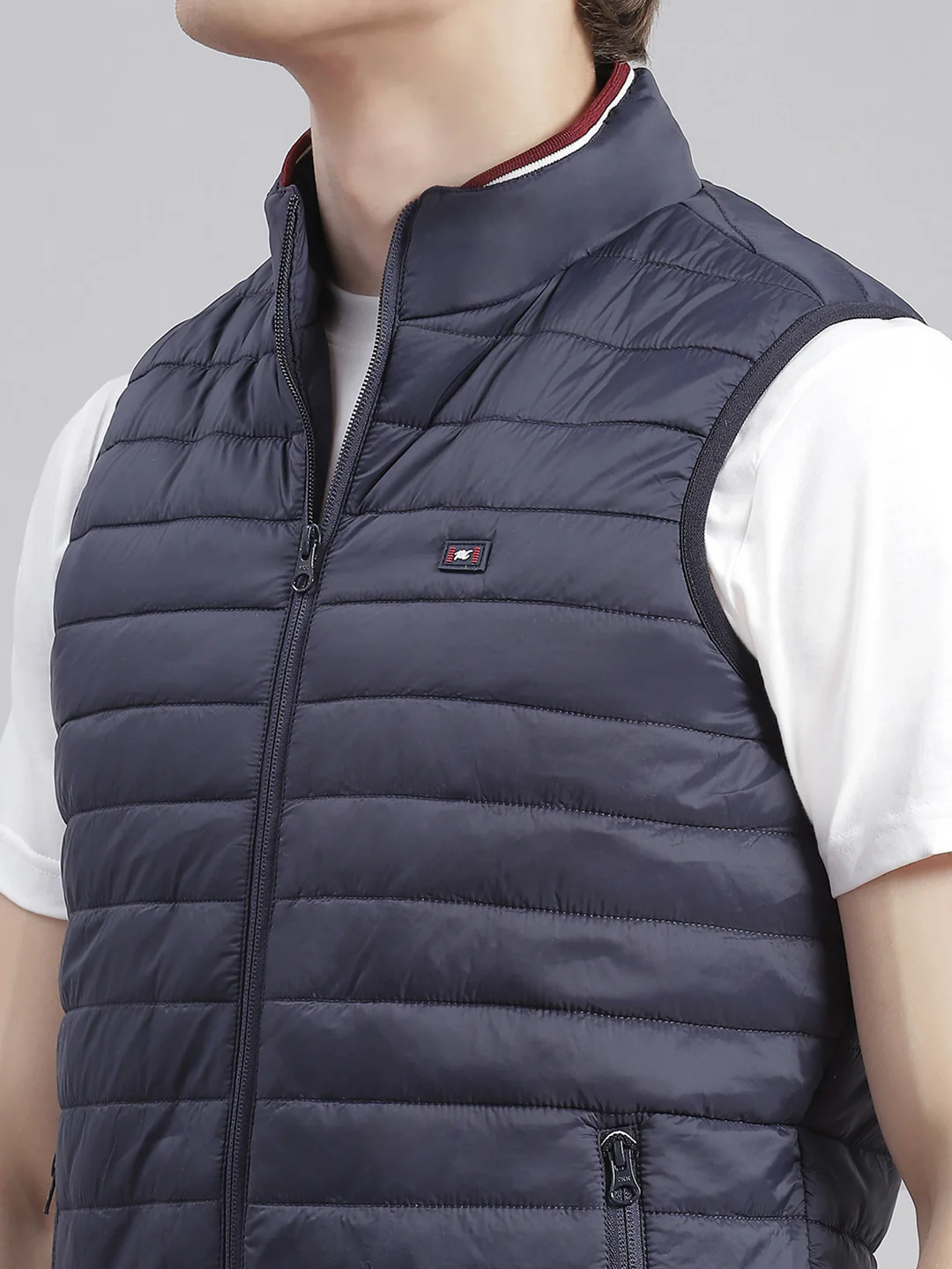Men Navy Blue Solid Stand Collar Sleeveless Jackets - Image 6