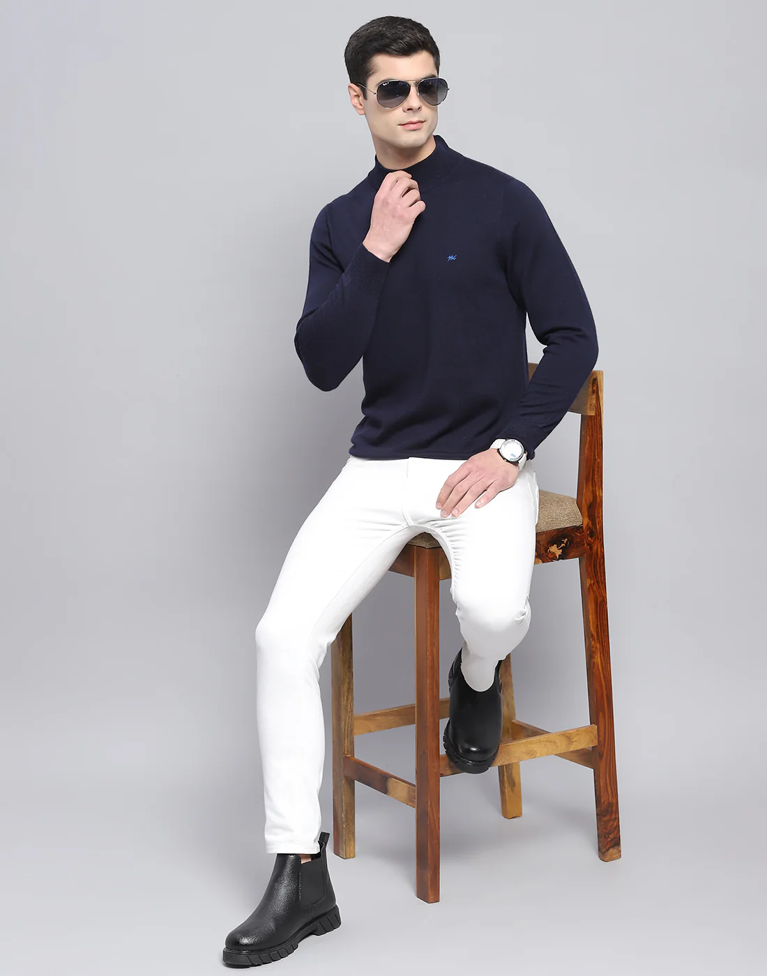 Men Navy Blue Solid T Neck Full Sleeve Pullover - Image 2