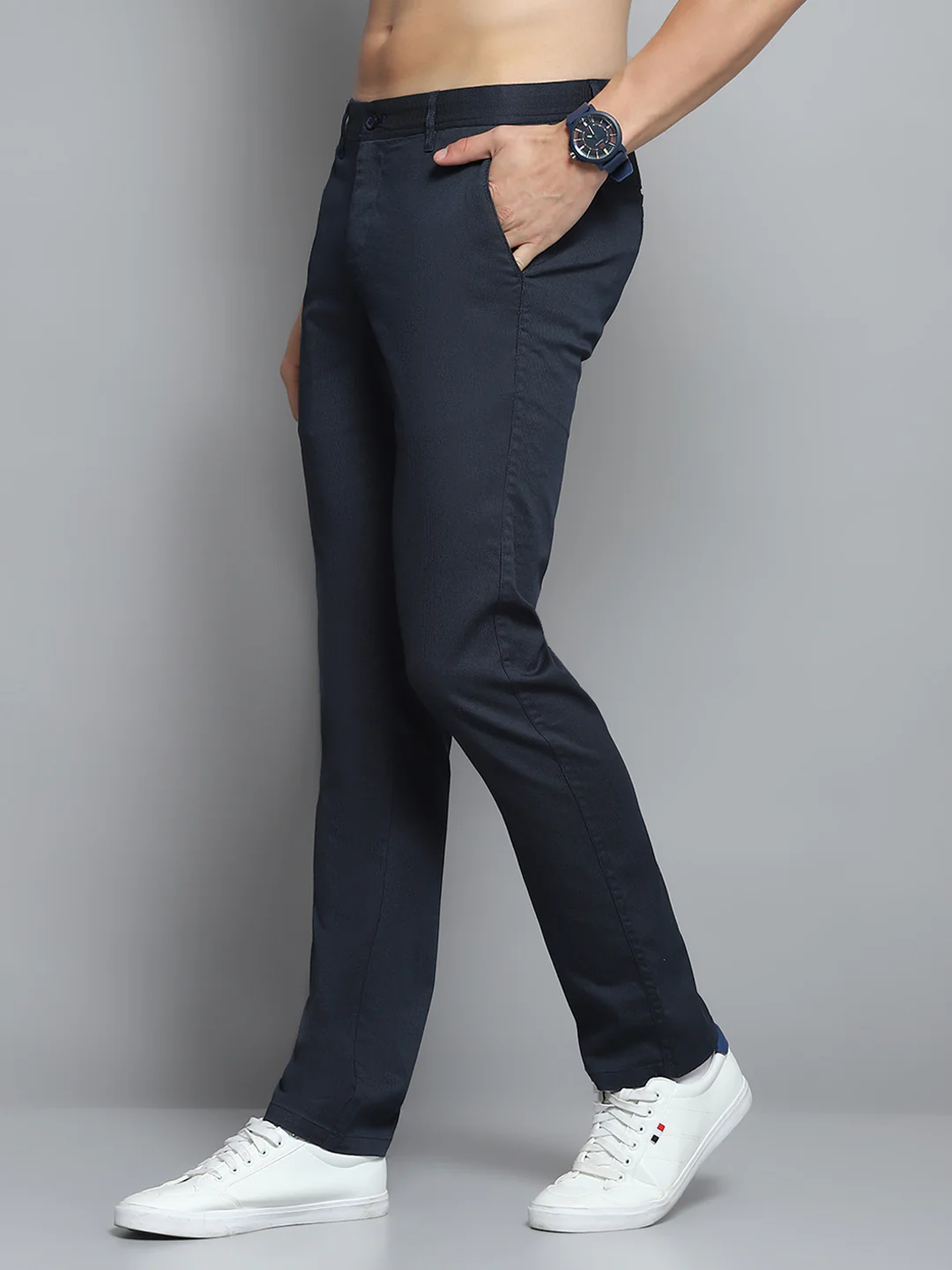 Men Navy Blue Solid   Trouser - Image 3