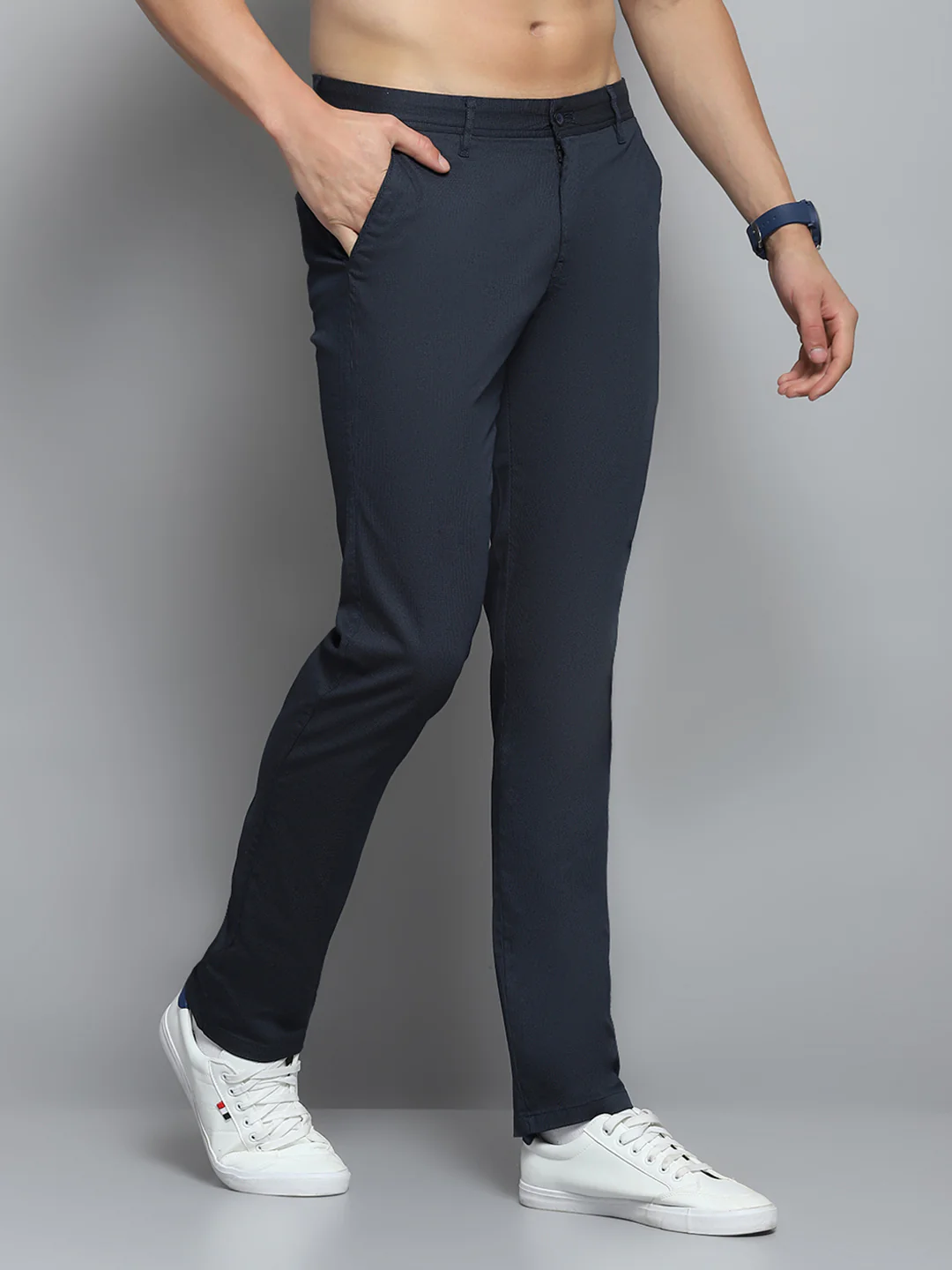 Men Navy Blue Solid   Trouser - Image 4