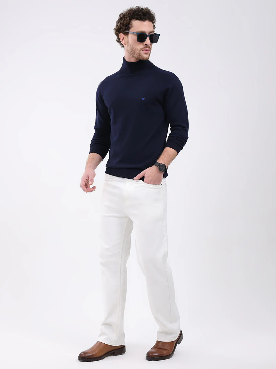 Men Navy Blue Solid Turtle Neck Full Sleeve Pullover - Image 2