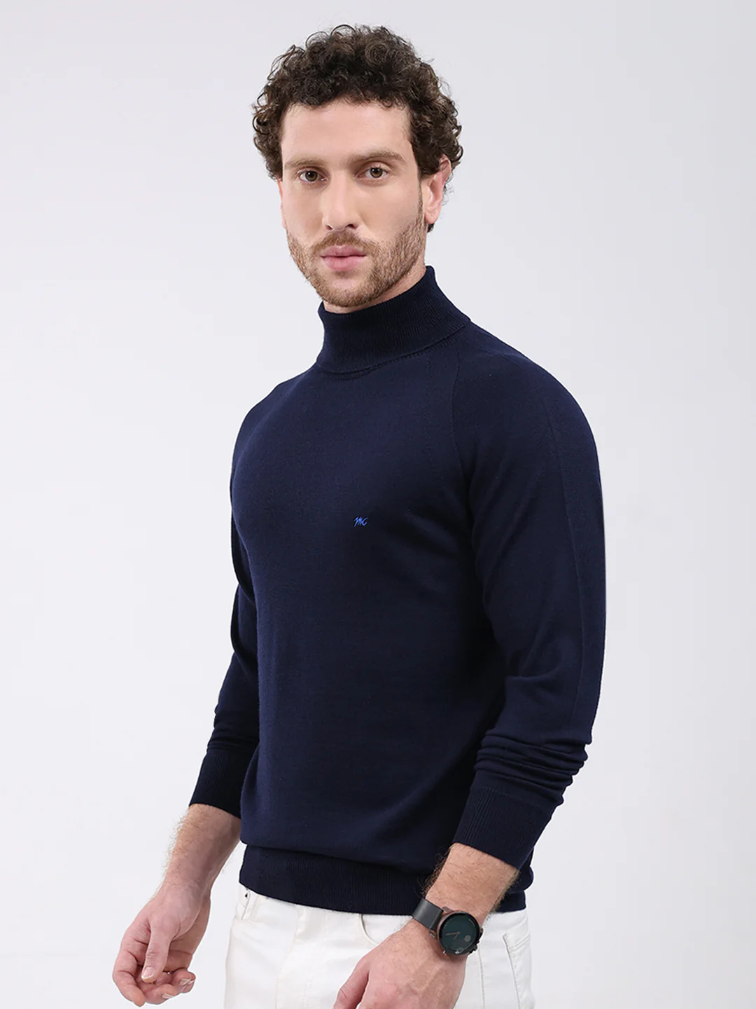 Men Navy Blue Solid Turtle Neck Full Sleeve Pullover - Image 3